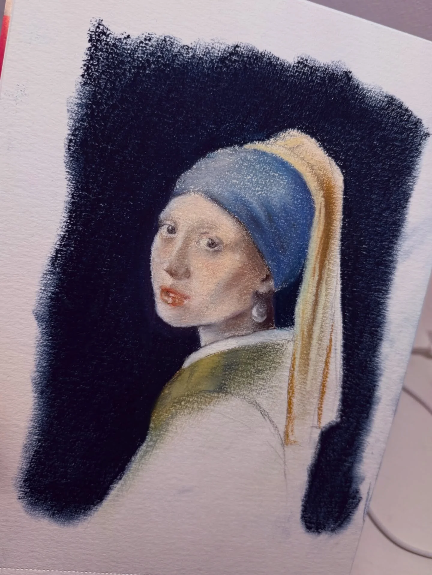First time drawing with @carandache dry pastel pencils and I LOVE it!

I&rsquo;m experimenting with new techniques and studying the old masters to improve my skills. This is a work in progress of Vermeer&rsquo;s Girl with a Pearl Earring. One of my a