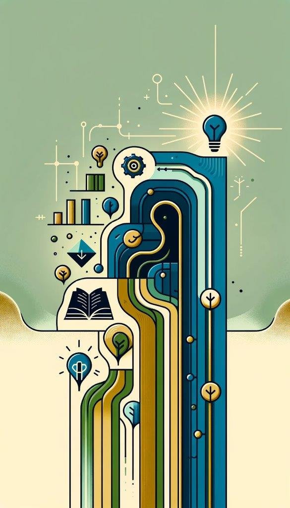 Zielona ilustracja z motywem wykresów, ścieżki i kół zębatych, wizualizująca zmatematyzowaną analizę danych oraz skuteczne zarządzanie procedurami w filarze Governance.