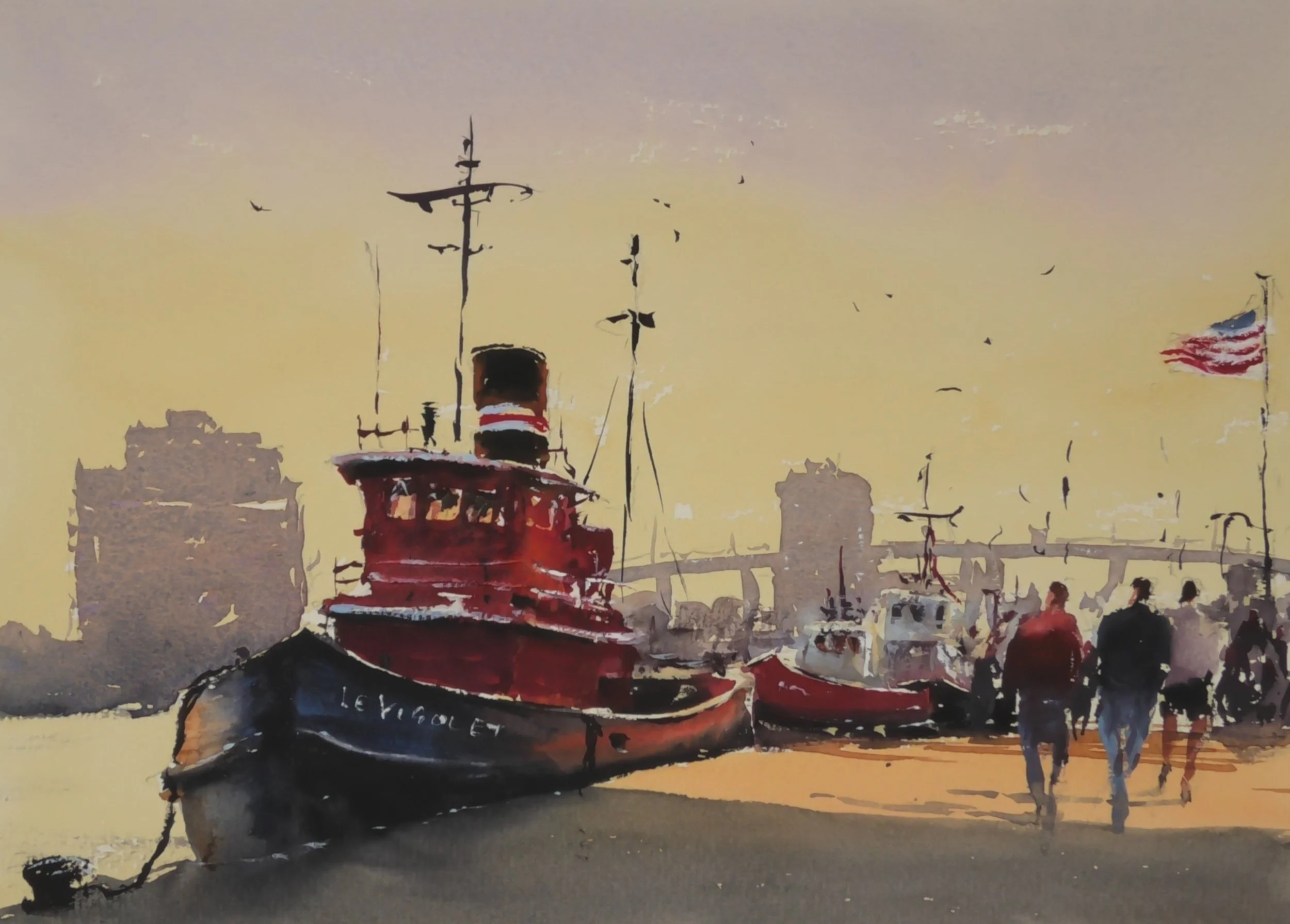 Red boat in harbour with figures
