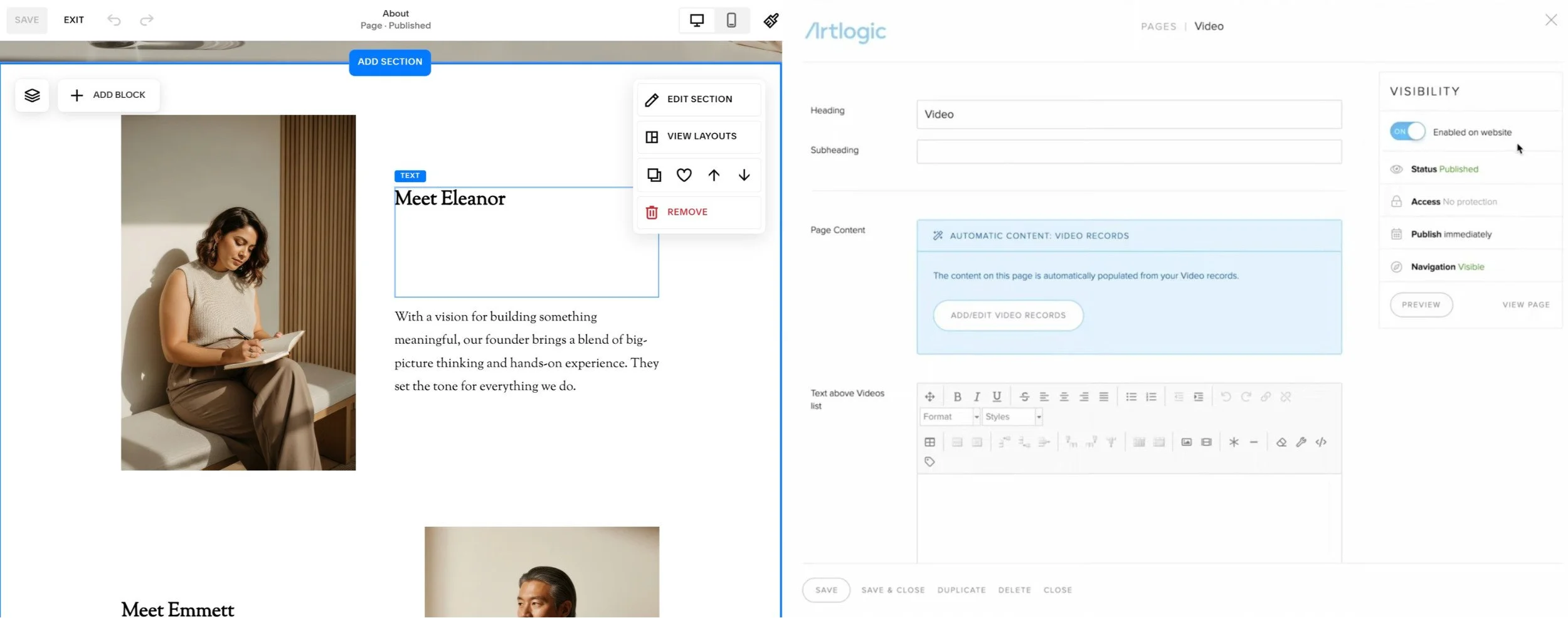 Editing a page comparison: Left is Squarespace editing each element on the web page, right is Artlogic editing a page via fields in the CMS.