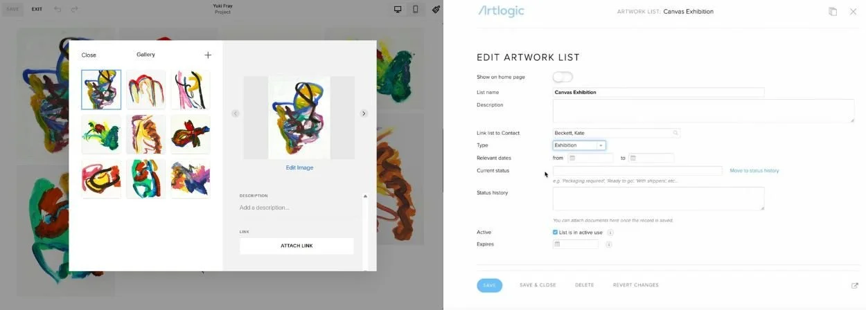 Editing artwork comparison: Left is Squarespace editing an image gallery section, right is Artlogic editing the artwork list.