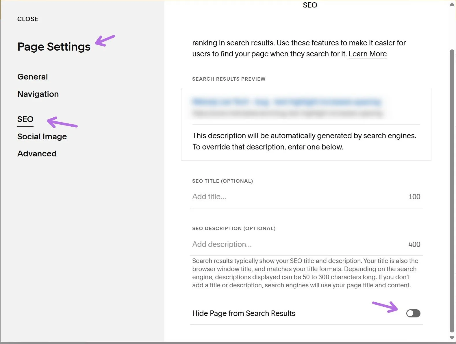 Allow your page to be indexed by Google, make sure the "Hide Page from Search Results" is toggled off.