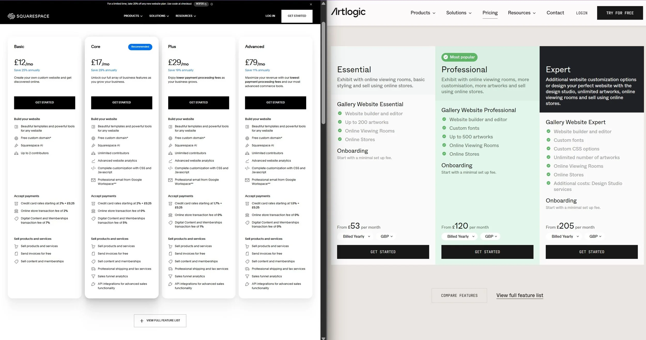 Pricing plan comparison: Squarespace on the left, Artlogic on the right.