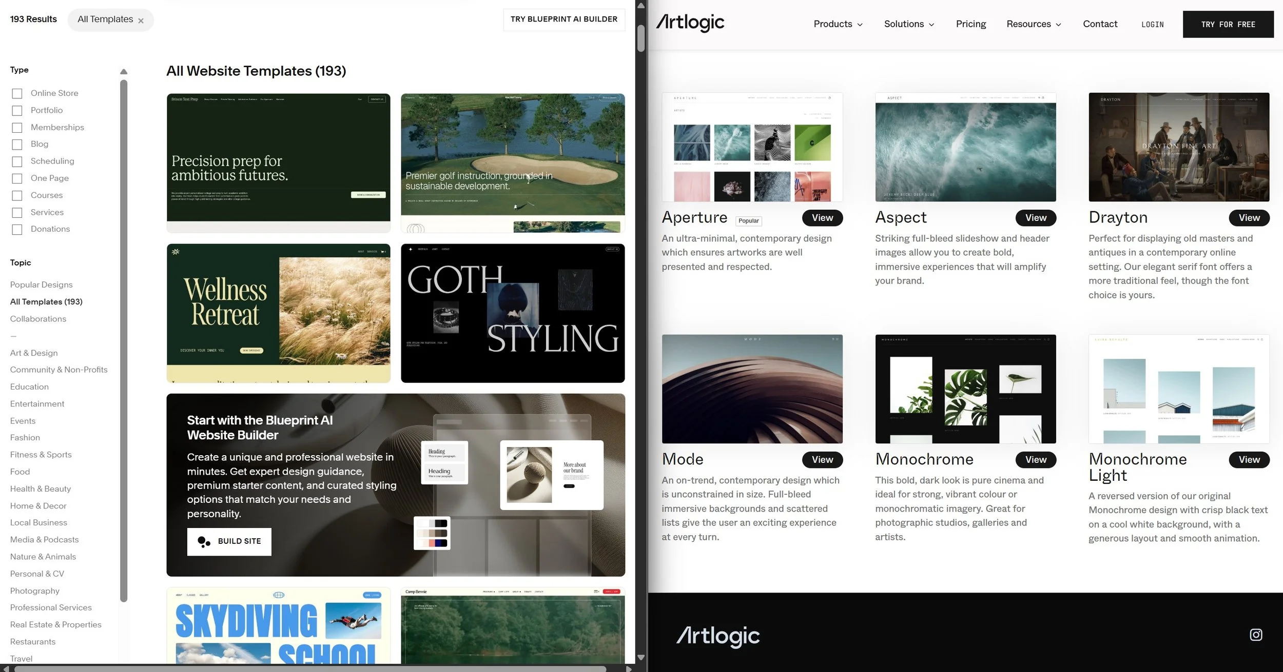 Templates comparison: Left is Squarespace with 193 templated designs, right is Artlogic with 6 themes.