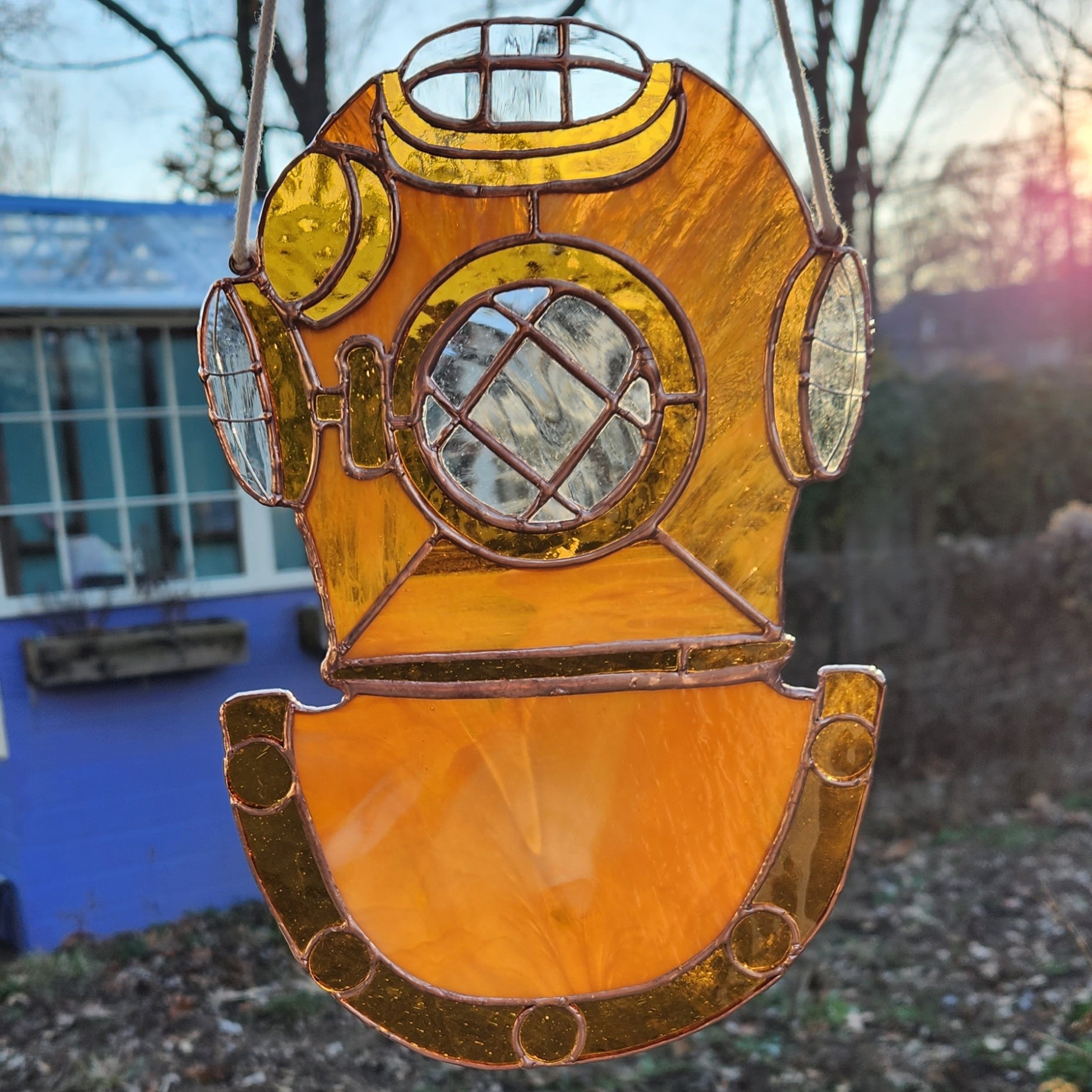 Handmade custom diver's helment stained glass art, made by Artistained Glass.
