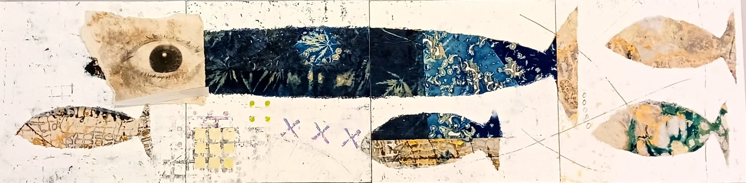 Five Fish and One Ghost - encaustic and collage on cradled panels (12" x 48"), 2025 - private collection