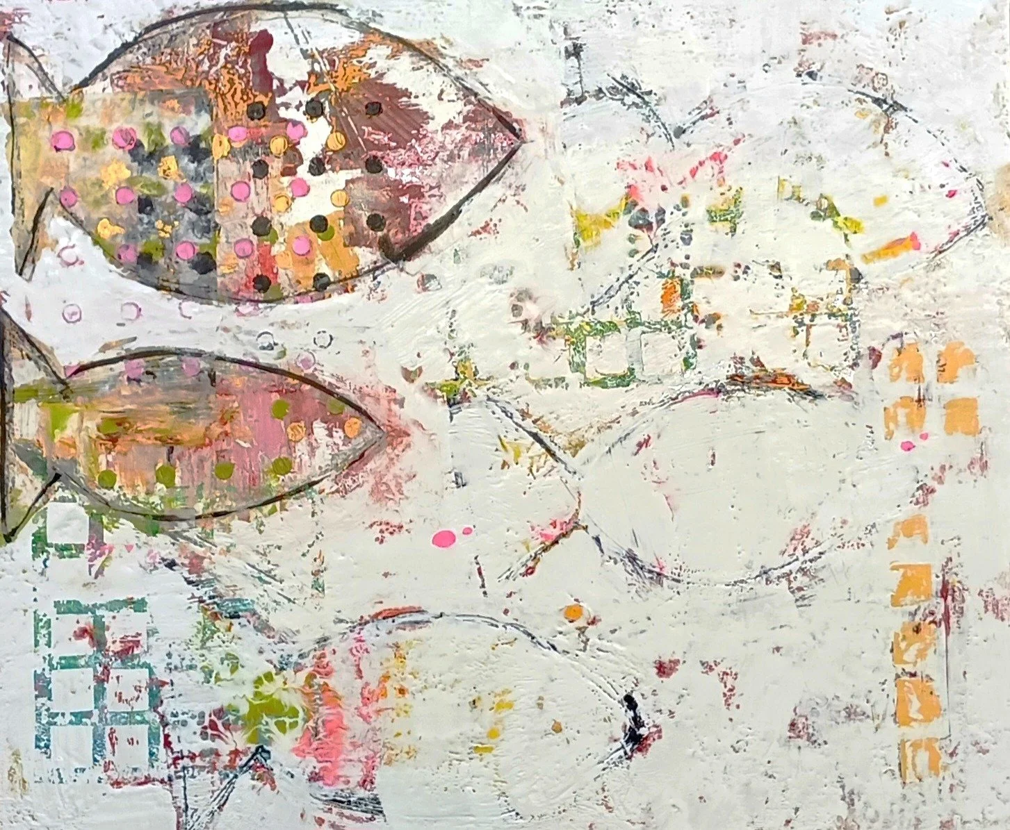 Two Fish and Three Ghosts - encaustic and collage on panel (14" x 17"), 2025
