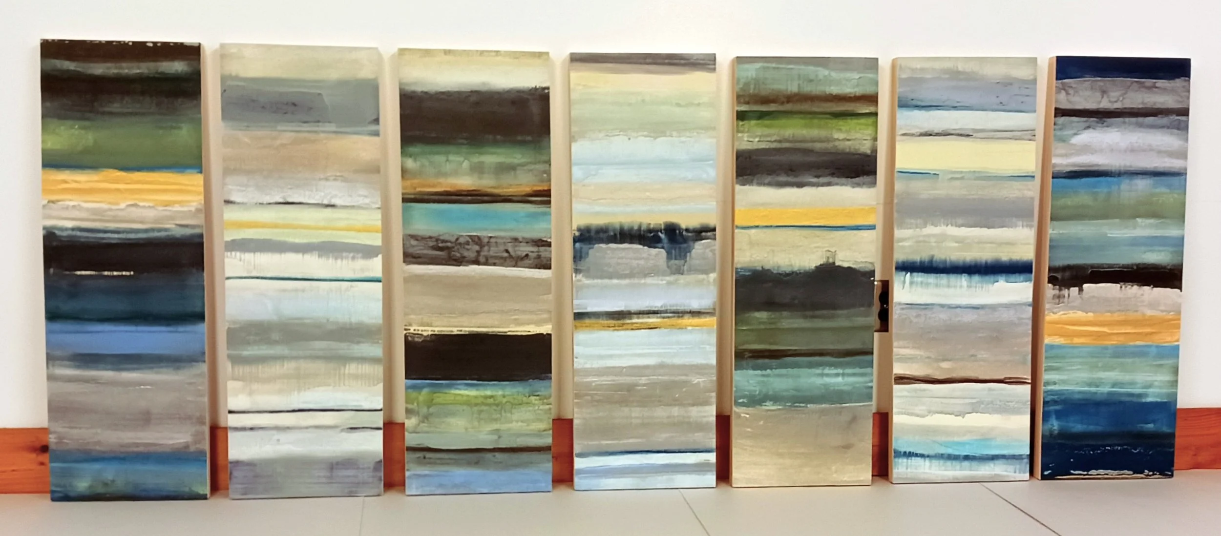 Tidelines (commission) - encaustic monotype on cradled panels (37" x 12.5" x 7 panels), 2025 - private collection