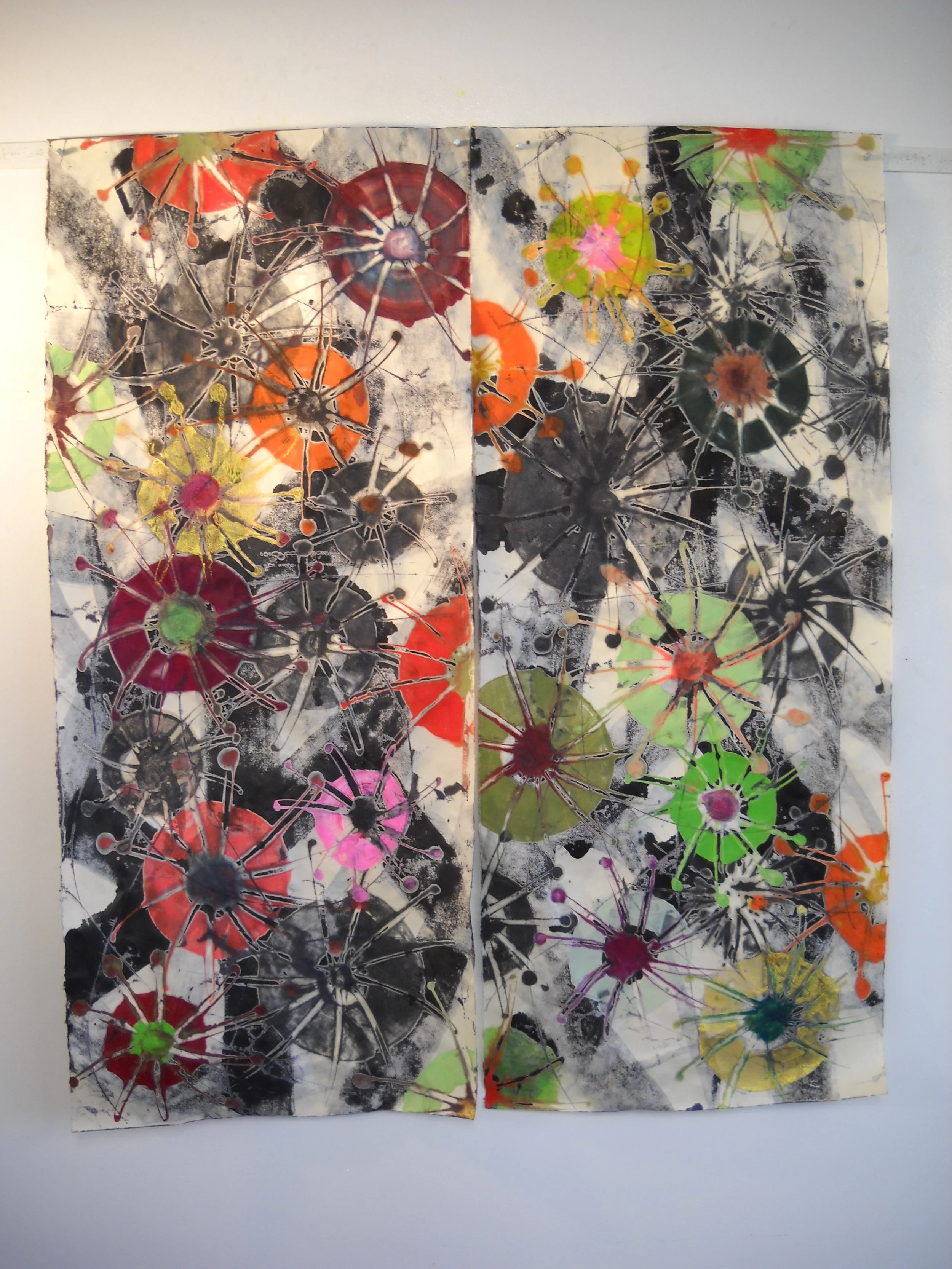 Flowerworks (diptych red and green) - encaustic monotype and ink on kitakata paper (39" x 32")