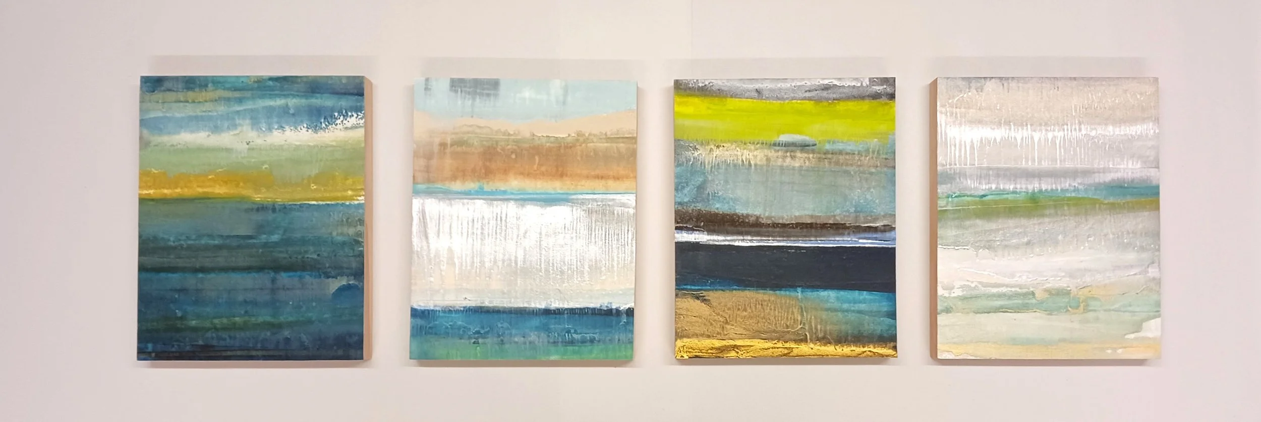 Tidelines - encaustic monotype mounted on cradled panel (14" x 11" x 4 panels), 2025
