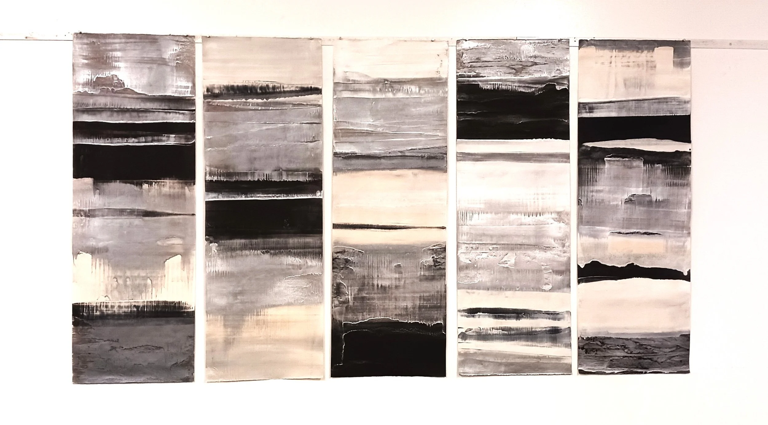 Tidelines - encaustic monotype on Thai kozo paper (37" x 12.5" x 5 panels), 2025