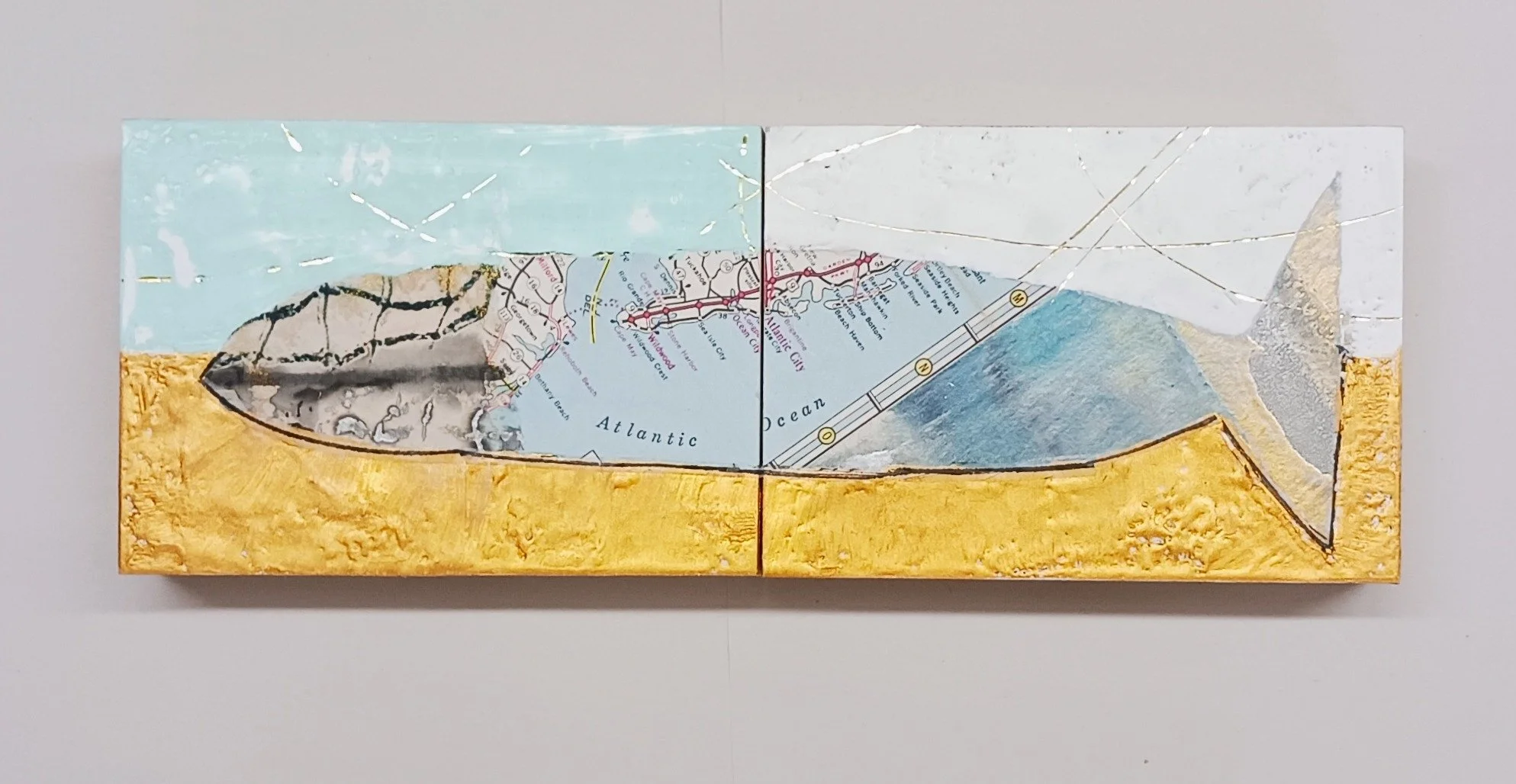Significant Beaches - encaustic, collage, graphite and transfer foil on cradled panel (5" x 14"), 2026 - private collection