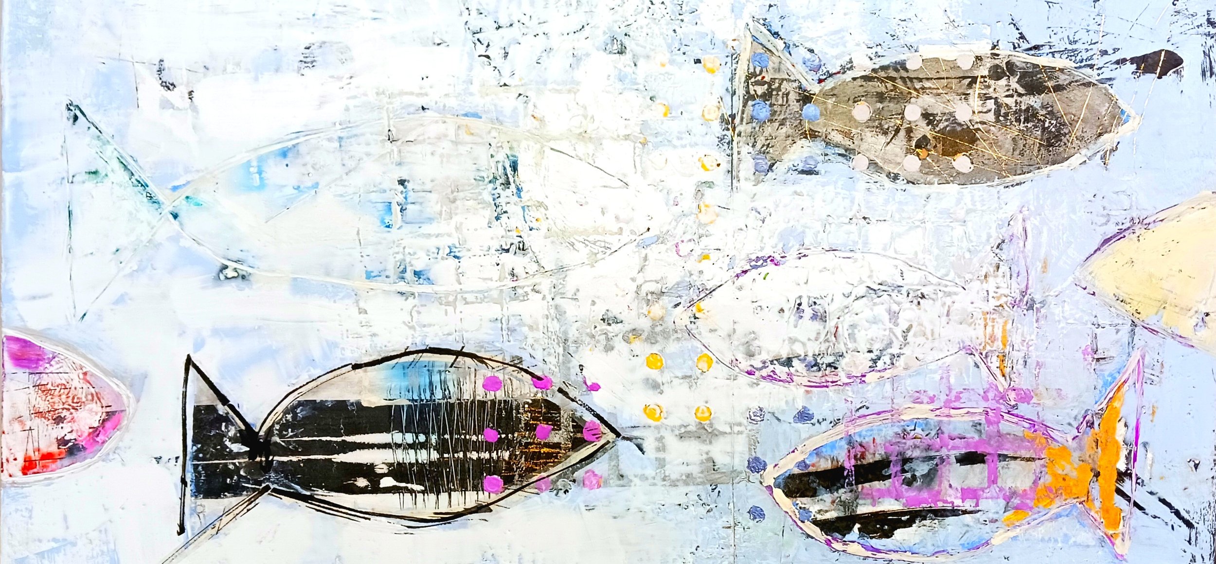 Five Fish and Two Ghosts - encaustic and collage on panel (12" x 24"), 2025