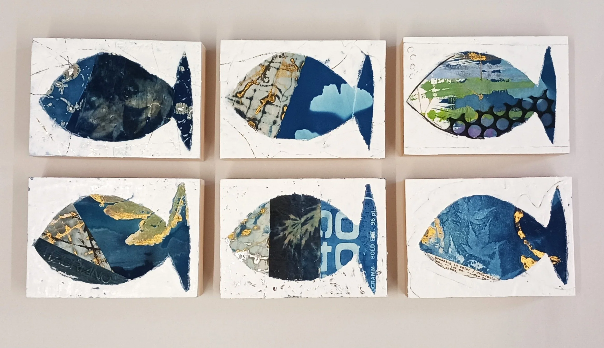 Six small fish heading toward the Atlantic - encaustic and collage with transfer foil on cradled panel (5" x 7" x 6 panels), 2026 - private collection