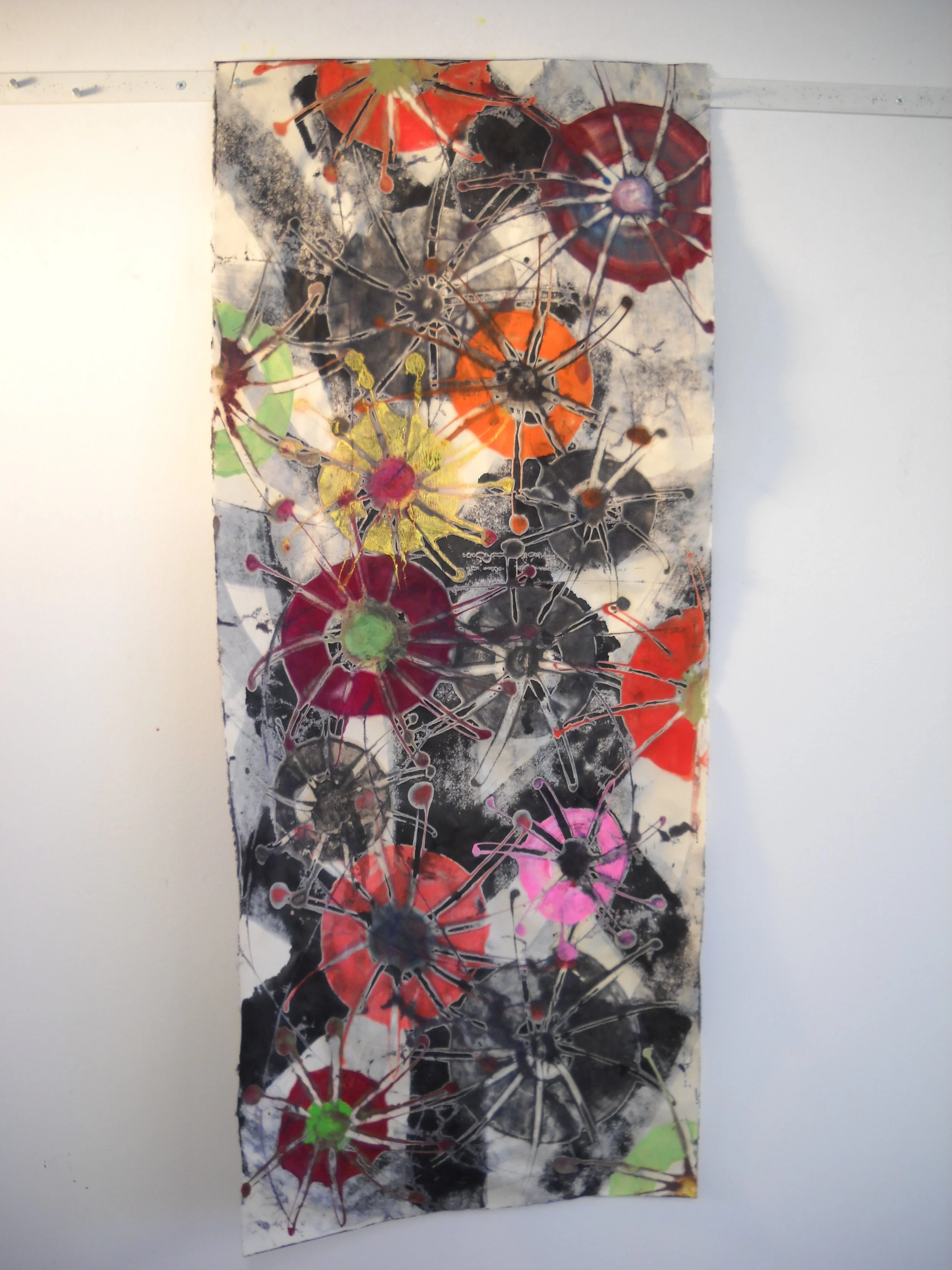 Flowerworks (red scroll) - encaustic monotype with ink on kitakata paper (39" x 16")