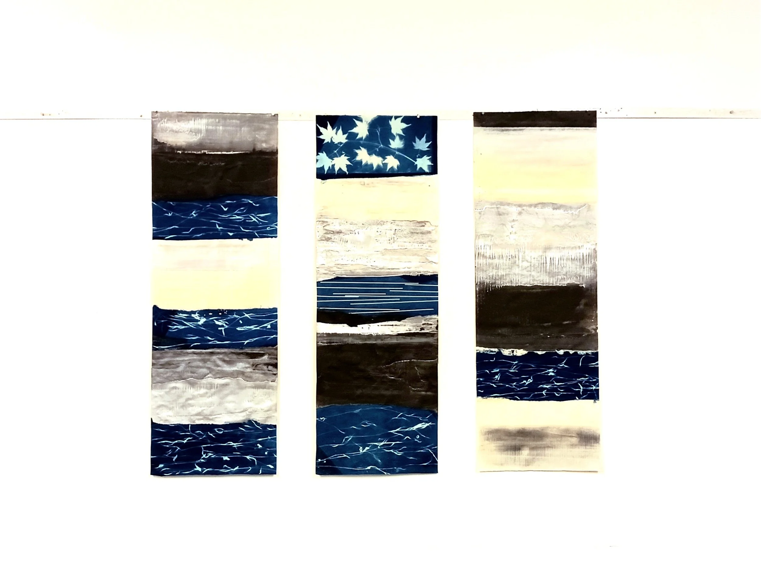 Tidelines - encaustic monotype and cyanotype on Thai kozo paper (37" x 12.5" x 3 panels), 2025