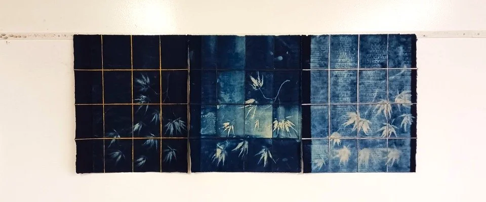 Untitled Triptych (commission) - Encaustic monotype and cyanotope on kitakata paper (20" x 16" x 3)