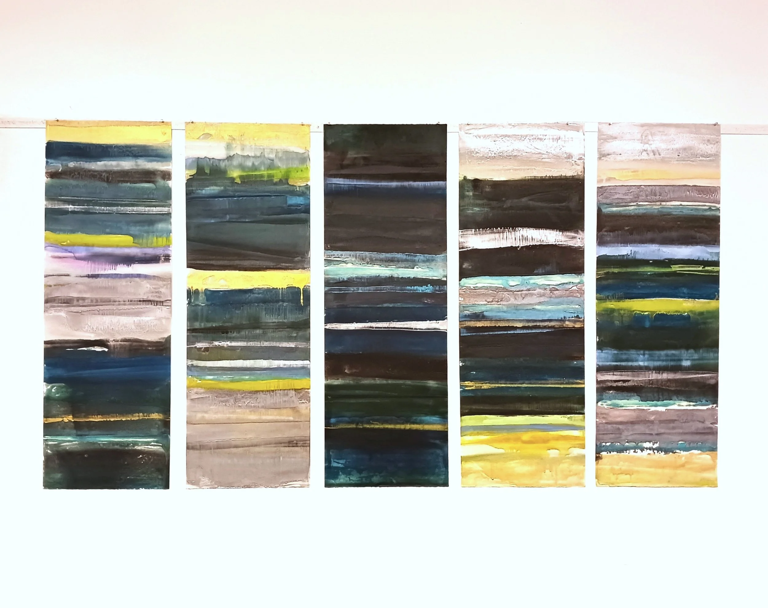 Tidelines - encaustic monotype on Thai kozo paper (37" x 12.5" x 5 panels), 2025