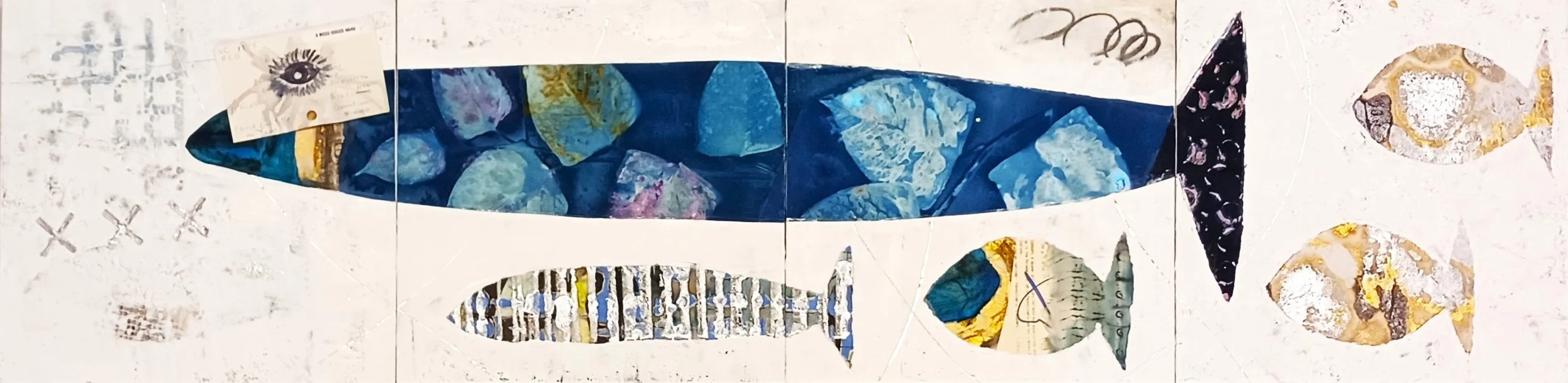 Library Eye (five fish + one ghost) - - encaustic and collage on cradled panels (12" x 48"), 2026