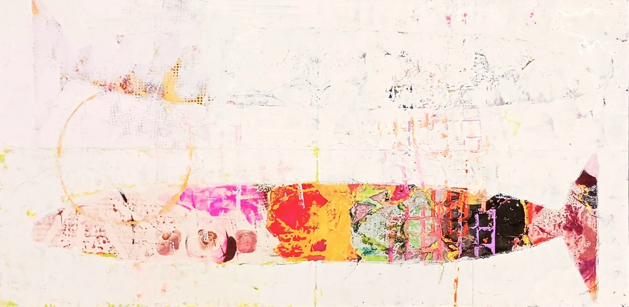Big Pink (fish) + Ghost - encaustic and collage on cradled panel (18" x 36"), 2025