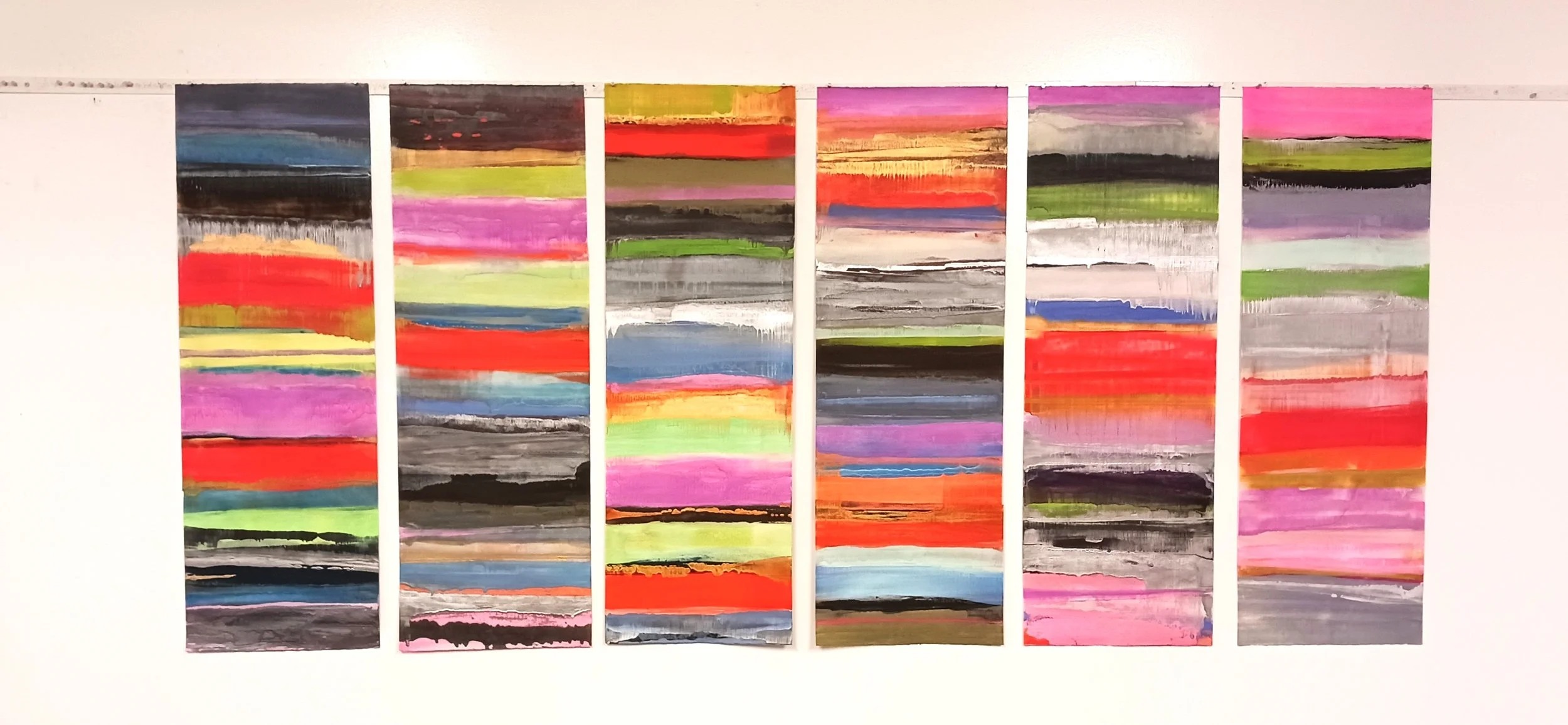 Tidelines - encaustic monotype on Thai kozo paper (37" x 12.5" x 6 panels), 2025