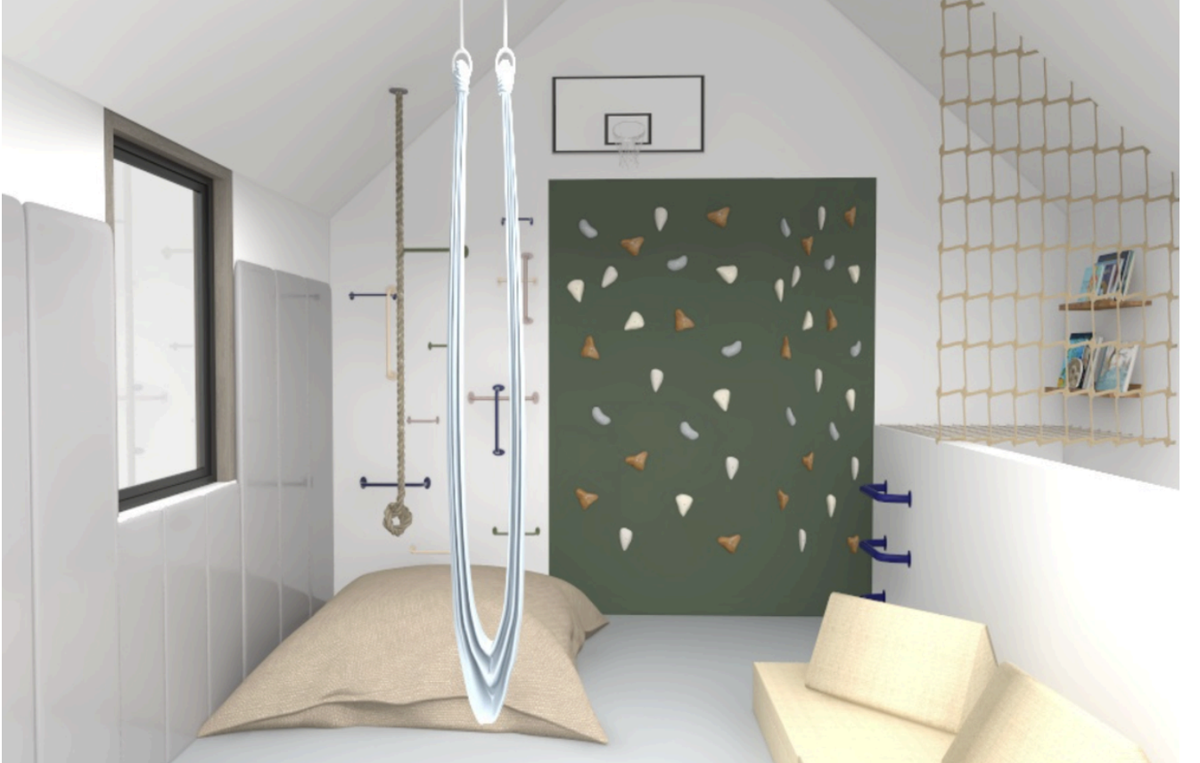 Playroom design render for a Highland Park, TX bonus room with climbing walls and net loft.