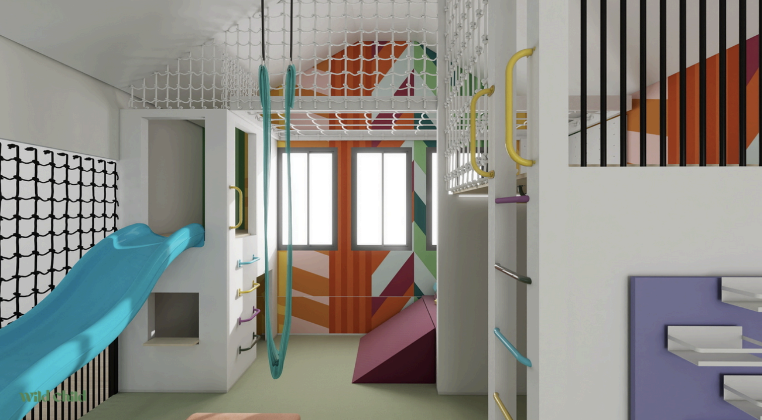 Texas playroom with forts slide, lofted nets and colorful wall mural