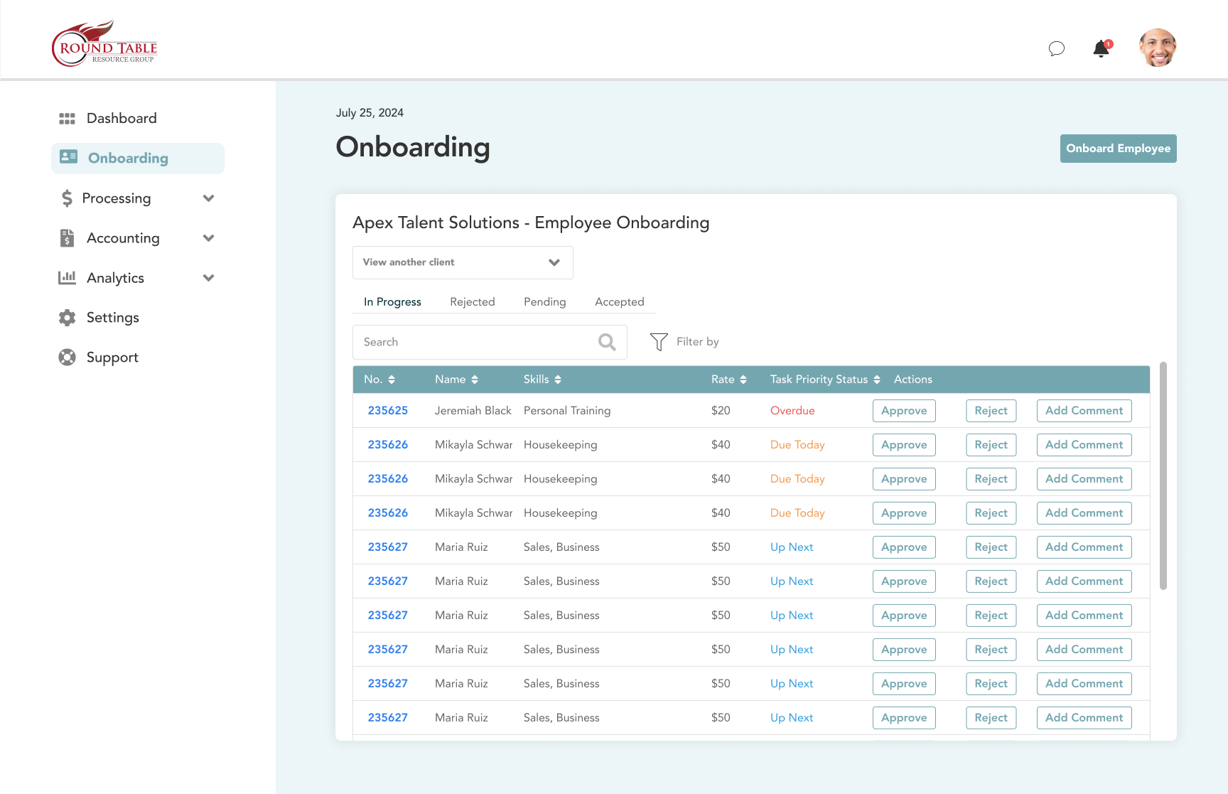 Onboarding Screen for Client or Employee User