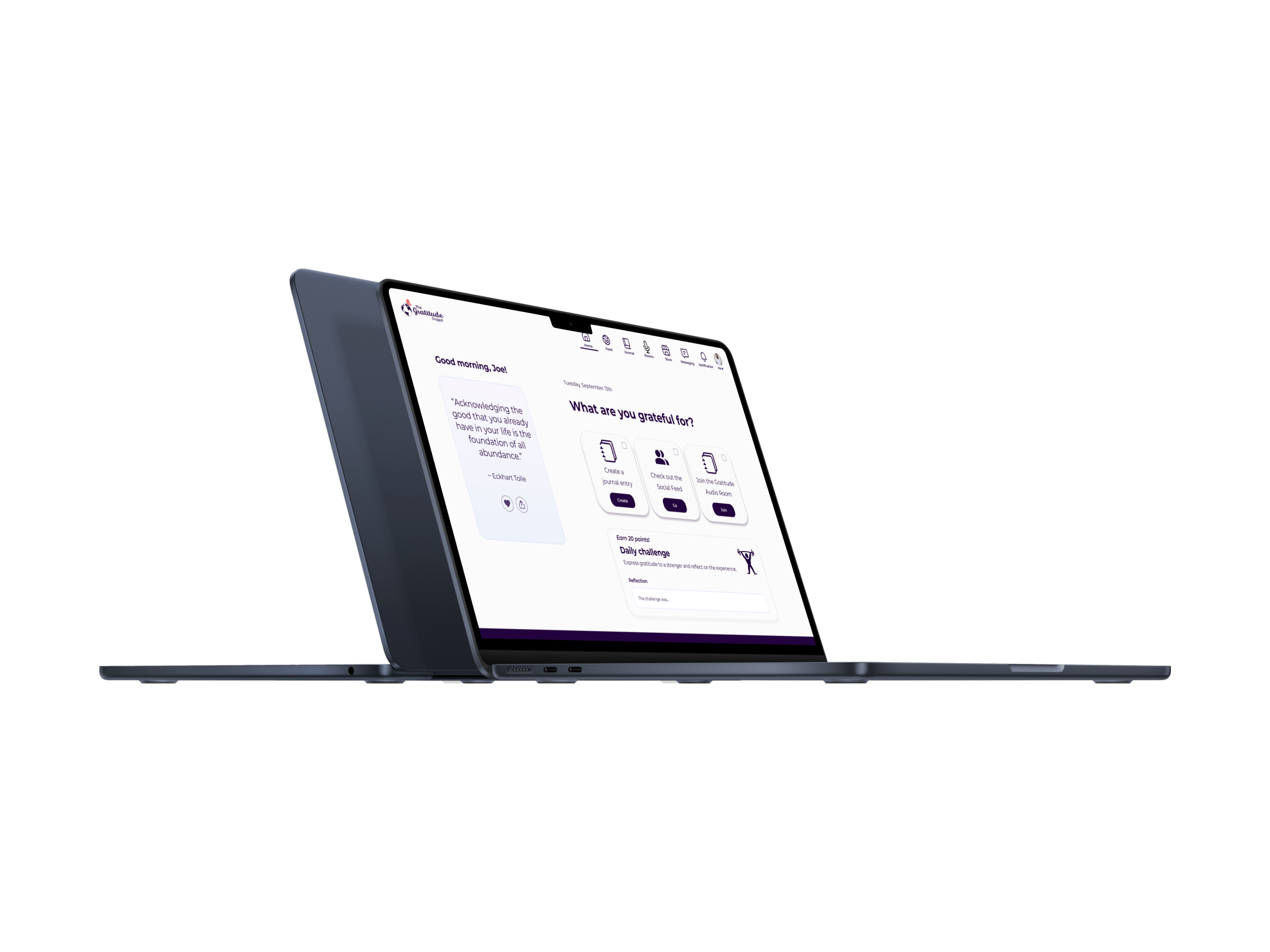 The dashboard includes a challenge, encouraging people to express gratitude through their actions, something that users expressed a desire to do in the research we conducted.