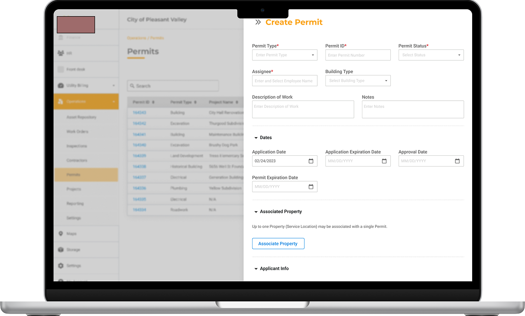Utilizing the pre-established pop-out style, a user can add a new Permit to the system. The various required sections that include optional information, such as Dates or Associated Properties, are sorted in collapsible sections to reduce information 