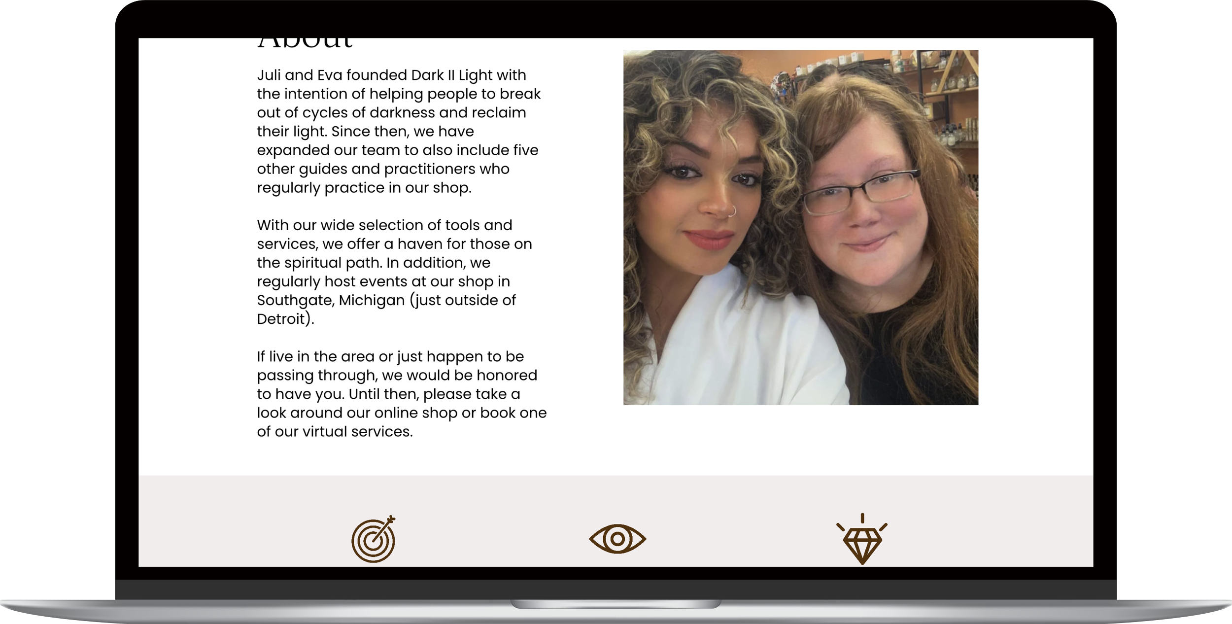 The About page includes information about the business along with the business mission, vision, and values.