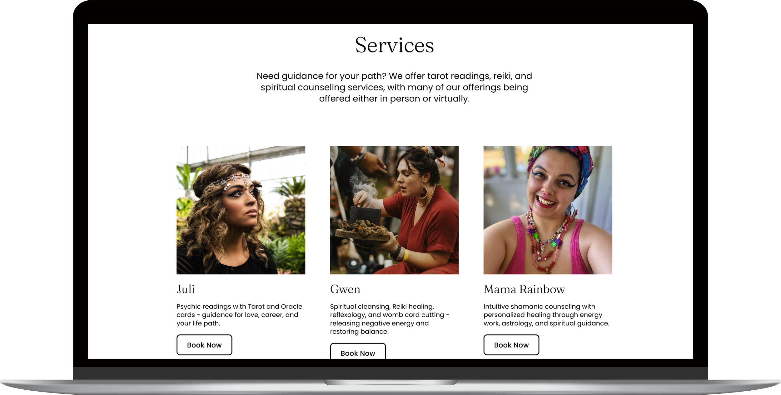 The Services page includes photos of the practitioners along with descriptions.