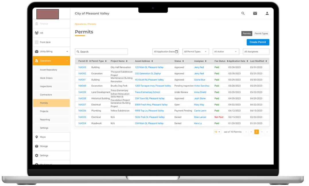 The main Permits database view, with filterable grid. User can easily toggle between Permits and Permit Types.