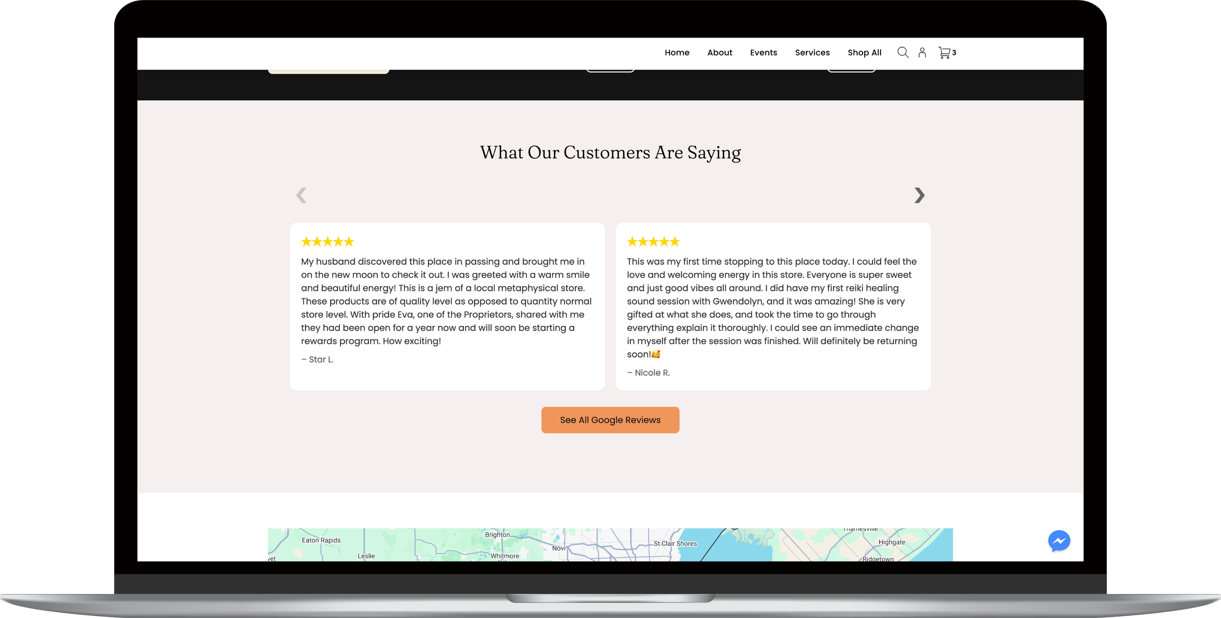 Custom testimonials section with stars and a link to Google establishes trust with site visitors.