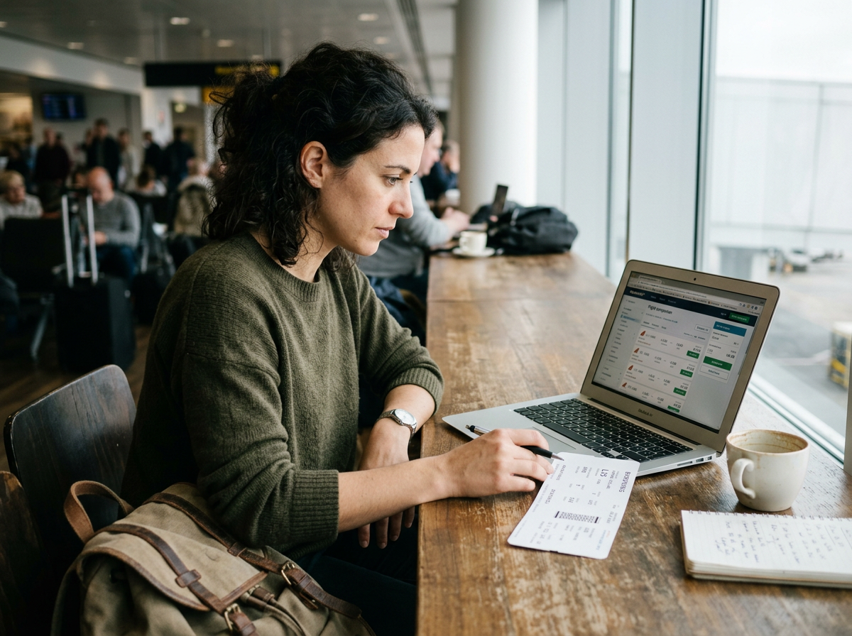 Traveler comparing flight options on laptop with boarding pass nearby