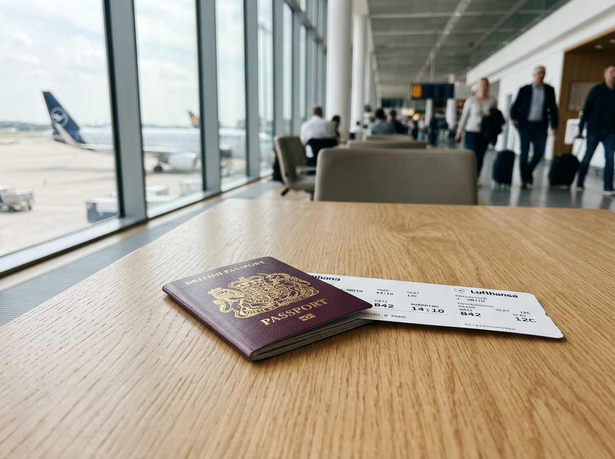 Passport and boarding pass on airport departure lounge table