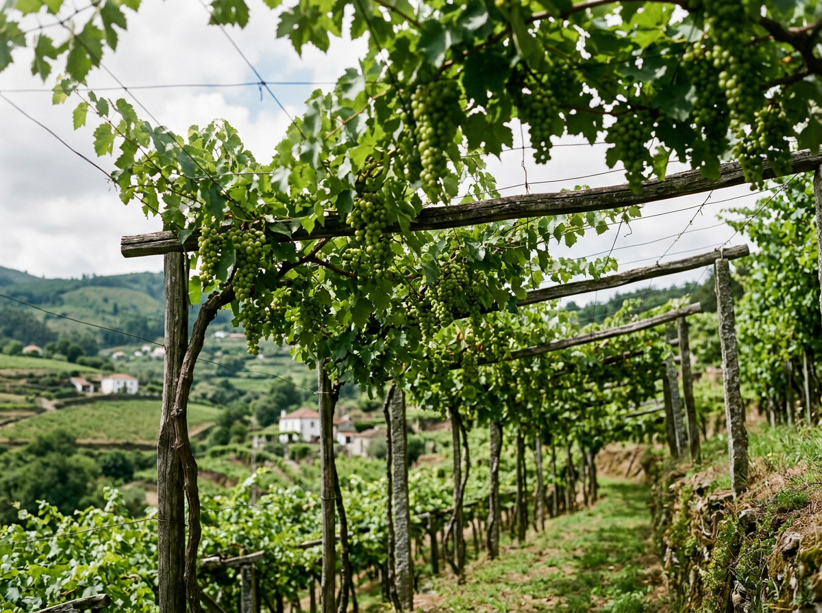 Pergola-trained Alvarinho vines in the green hills of the Minho, Vinho Verde