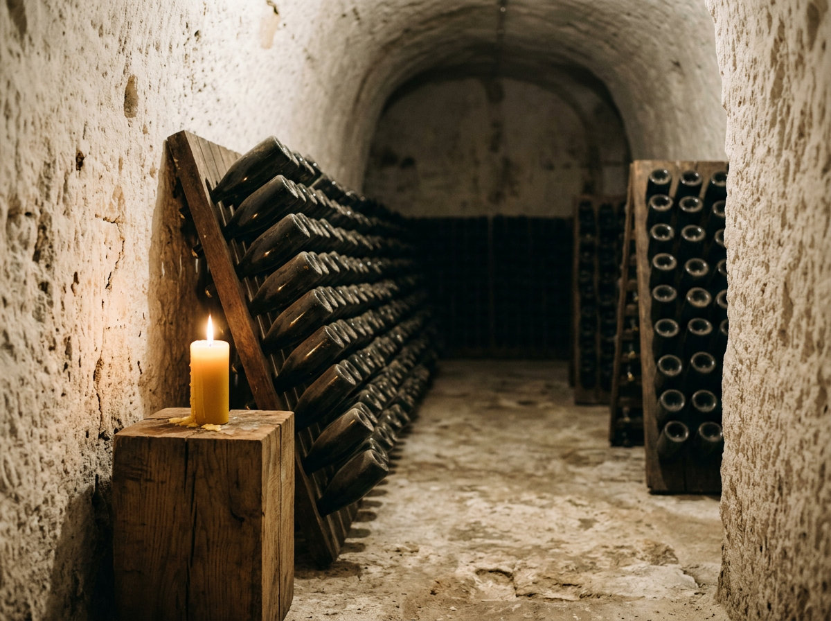 Candlelit chalk cellar lined with champagne bottles beneath Reims, France