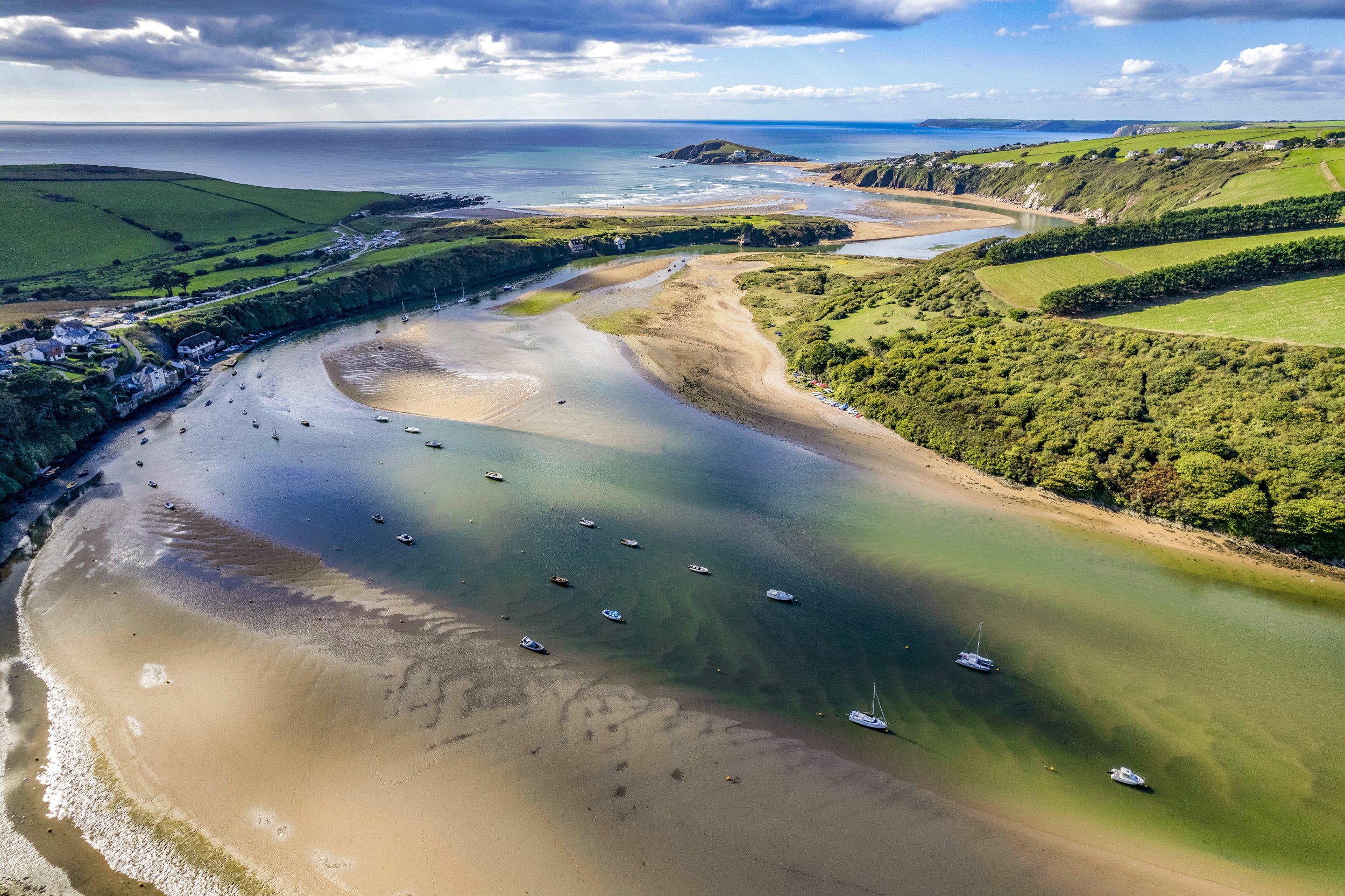 Low tide, Avon Estuary - Low tide in the Avon estuary, with the view along the river to Burgh Island in the distance.