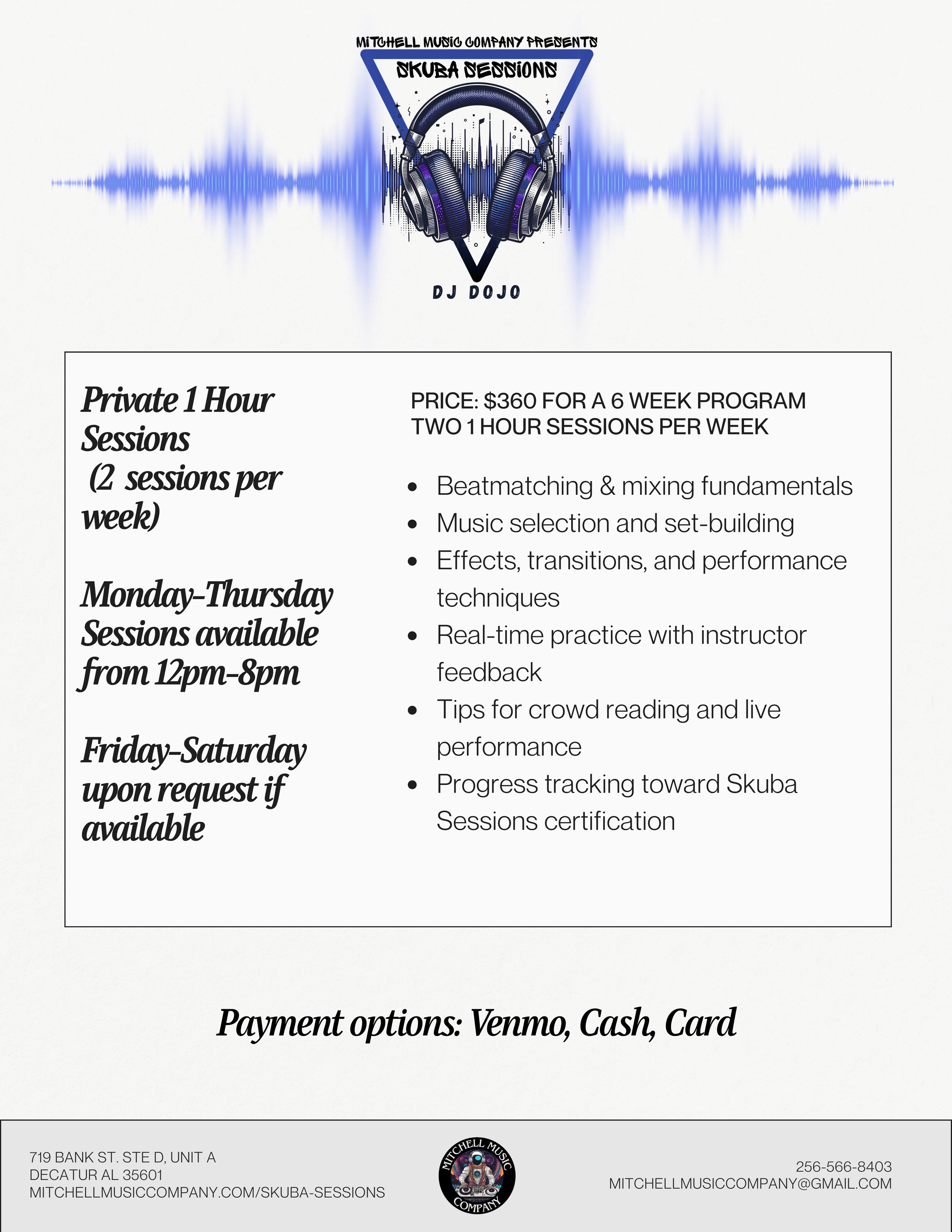 Flyer for Skuba Sessions, presented by MITchell Music Company, featuring DJ Dojo. Includes details about private 1-hour music production sessions, pricing, schedule, session topics, and payment options.