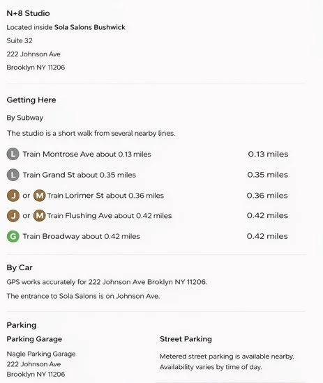 Note with directions to N8 Studio Blonde Expert at Solas Salons Bushwick, including walking and driving routes, addresses, and parking information.
