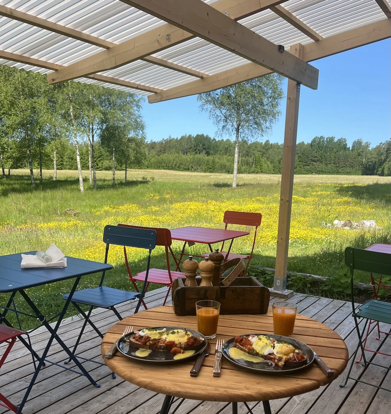 Frukost på en träterrass med utsikt över en grön äng med gula blommor, omgiven av träd, under ett tak. På bordet finns två tallrikar med äggröra och kött, två glas med juice, bestick, kryddor och en sked.