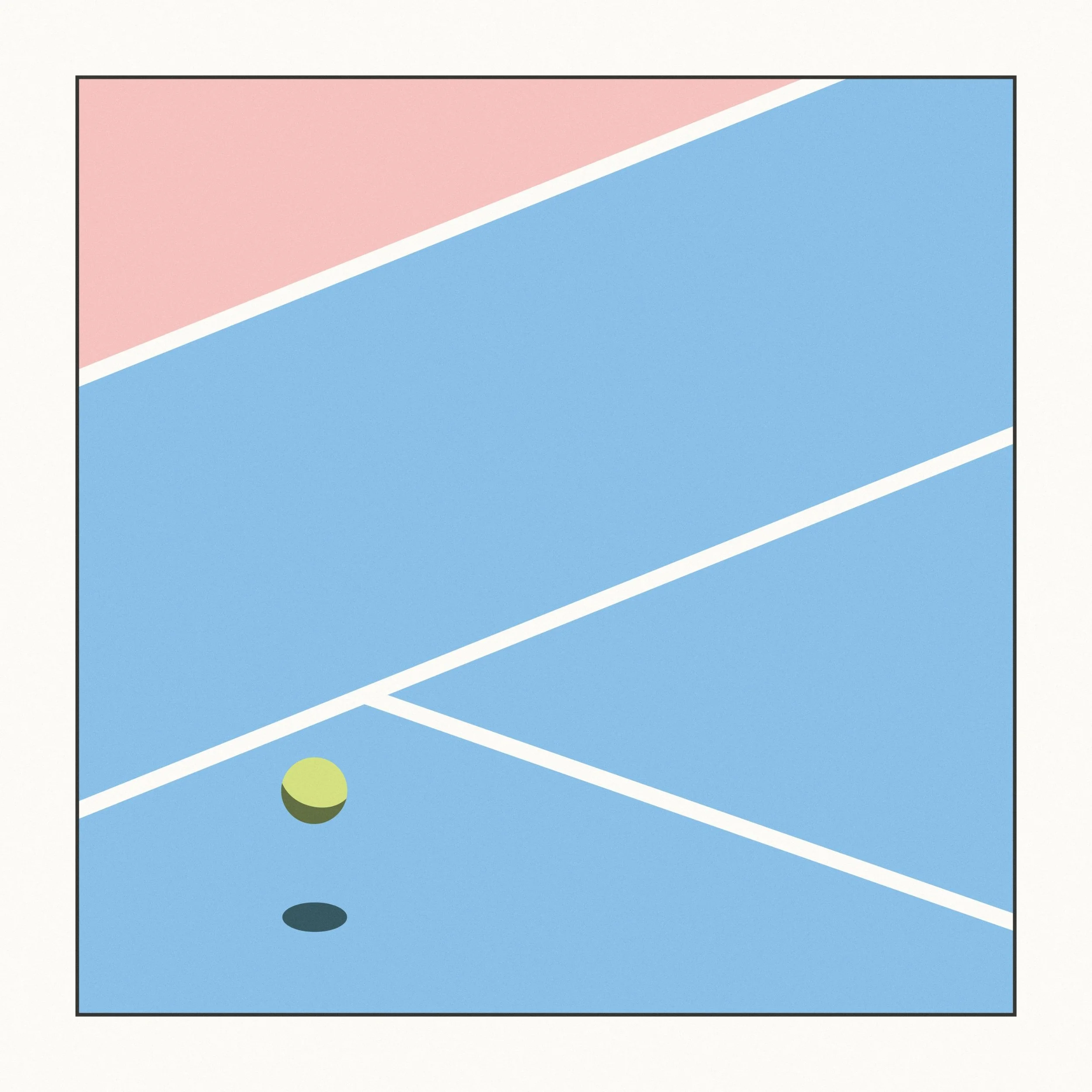 Untitled Series by Grant Yun, frame 4 of 4: after the bounce, the tennis ball rises again over the near side of a blue court.