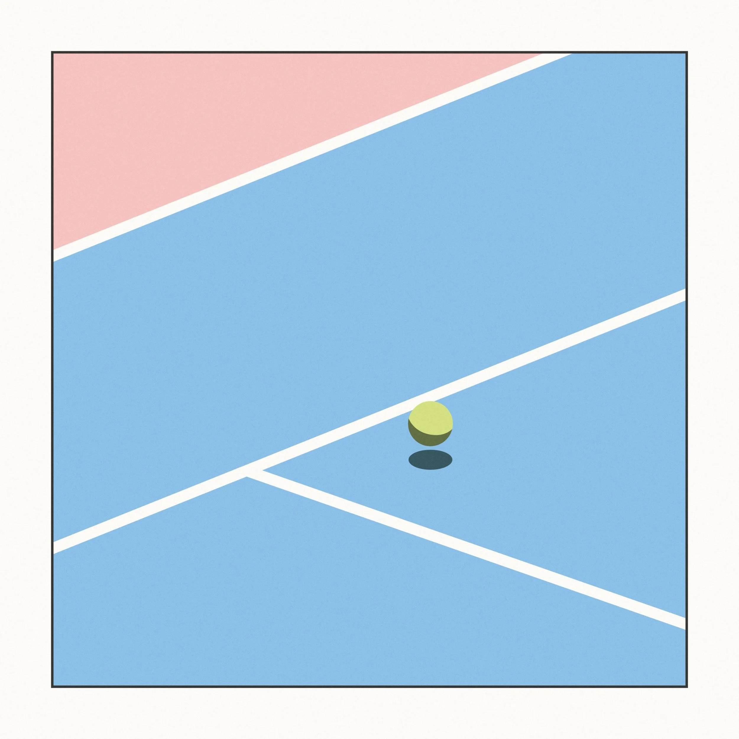Untitled Series by Grant Yun, frame 2 of 4: the tennis ball meets the blue court, close to its own shadow.