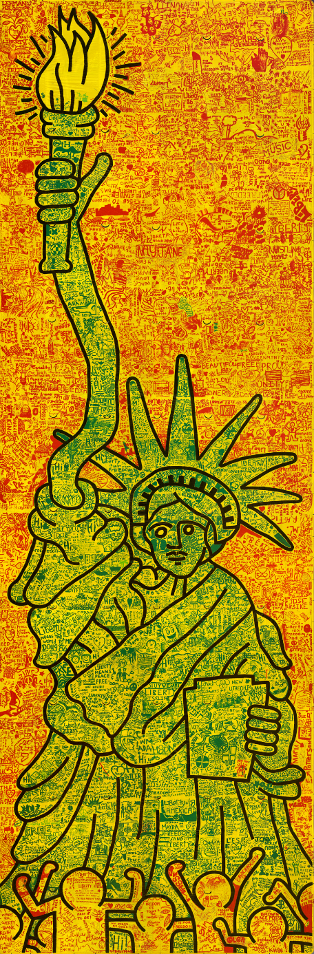 A colorful illustration of the Statue of Liberty holding a torch, with a background filled with various doodles, words, and symbols related to freedom, liberty, and activism.