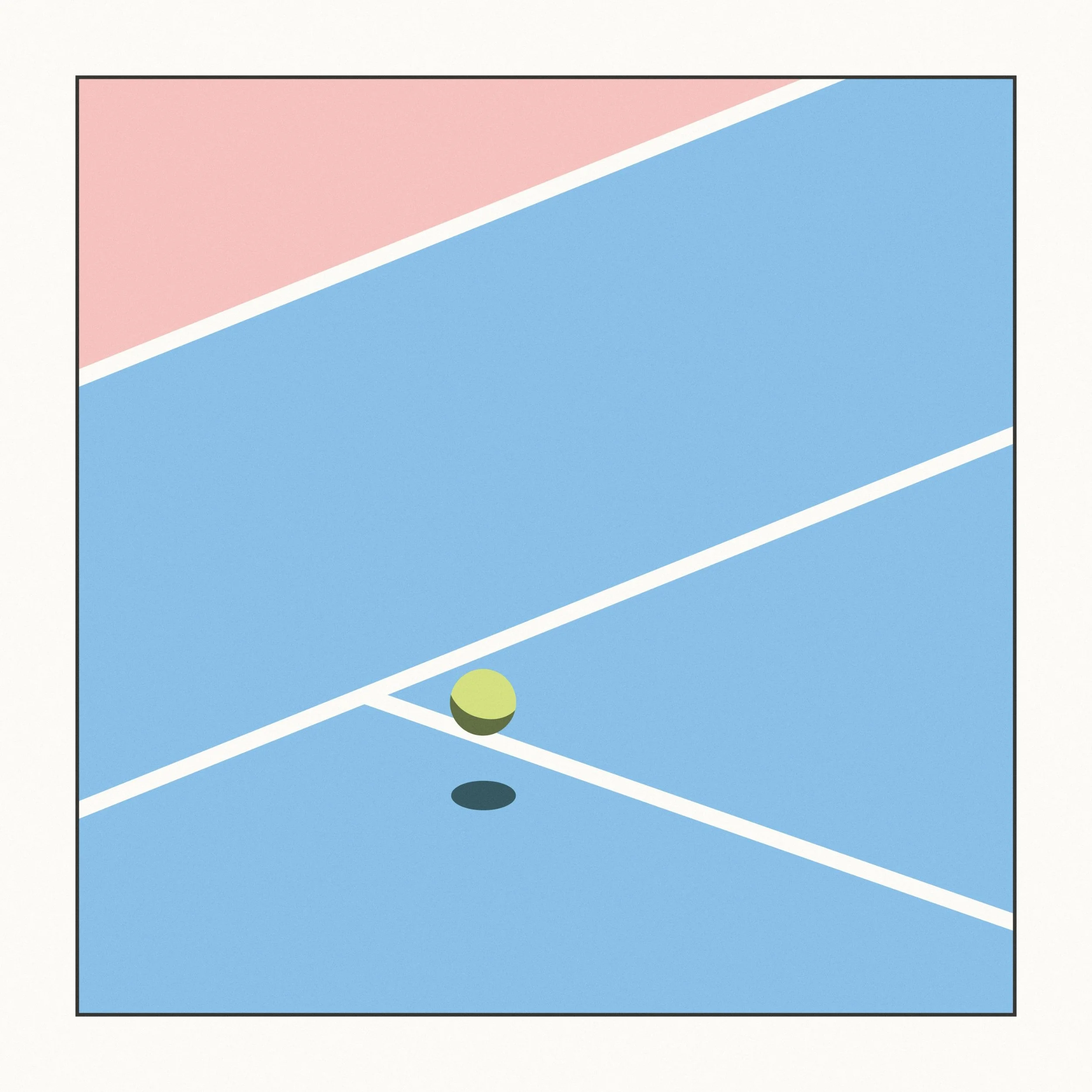 Untitled Series by Grant Yun, frame 3 of 4: the tennis ball lifts off the court after the bounce, crossing the service line.