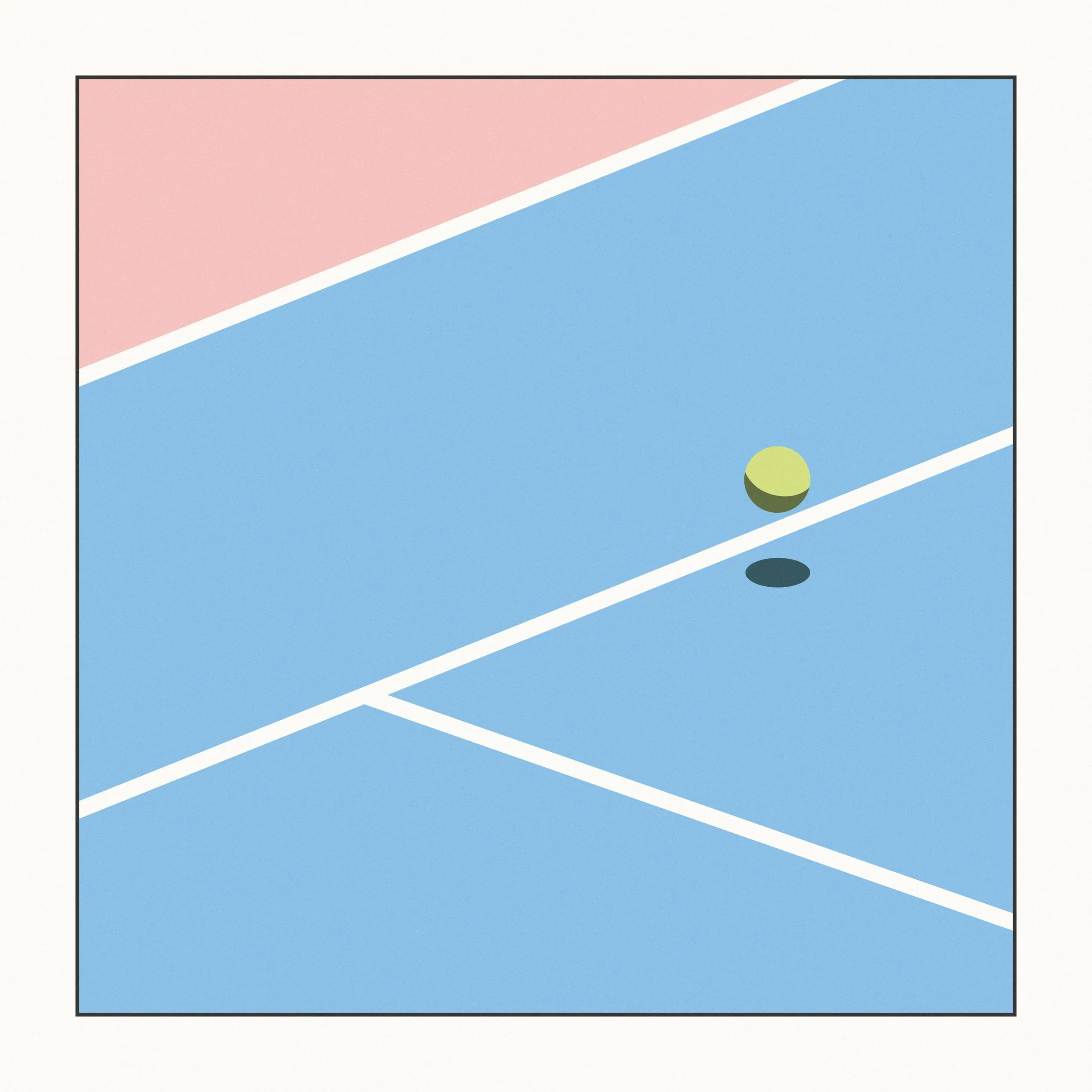 Untitled Series by Grant Yun, frame 1 of 4: a tennis ball drops toward a blue court beneath a band of pink, its shadow waiting below.