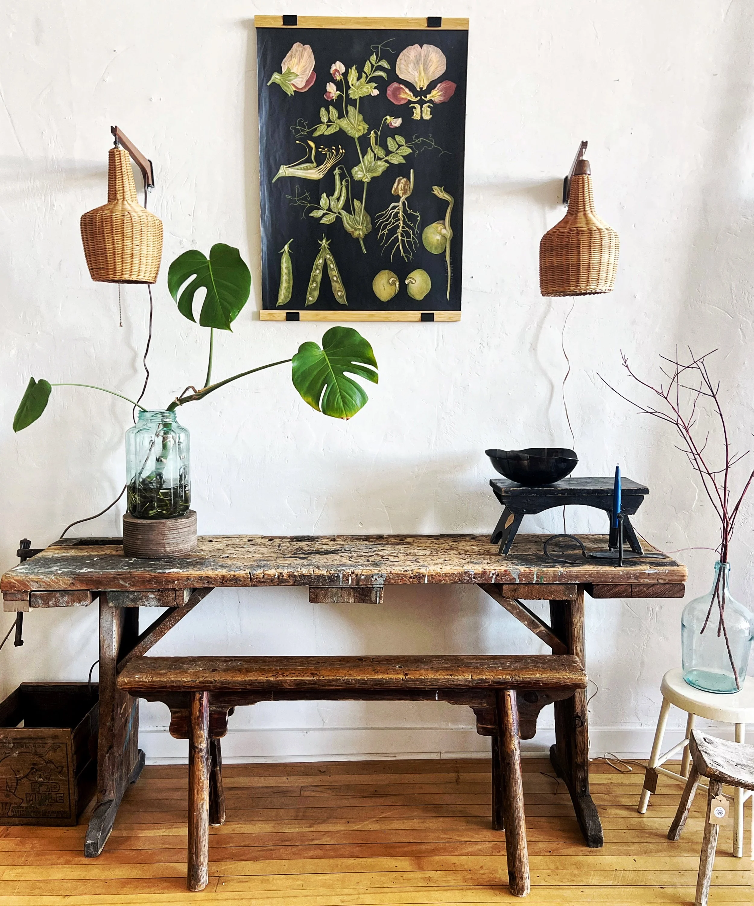 Vintage Danish Teak Basket Swing Arm Lamps