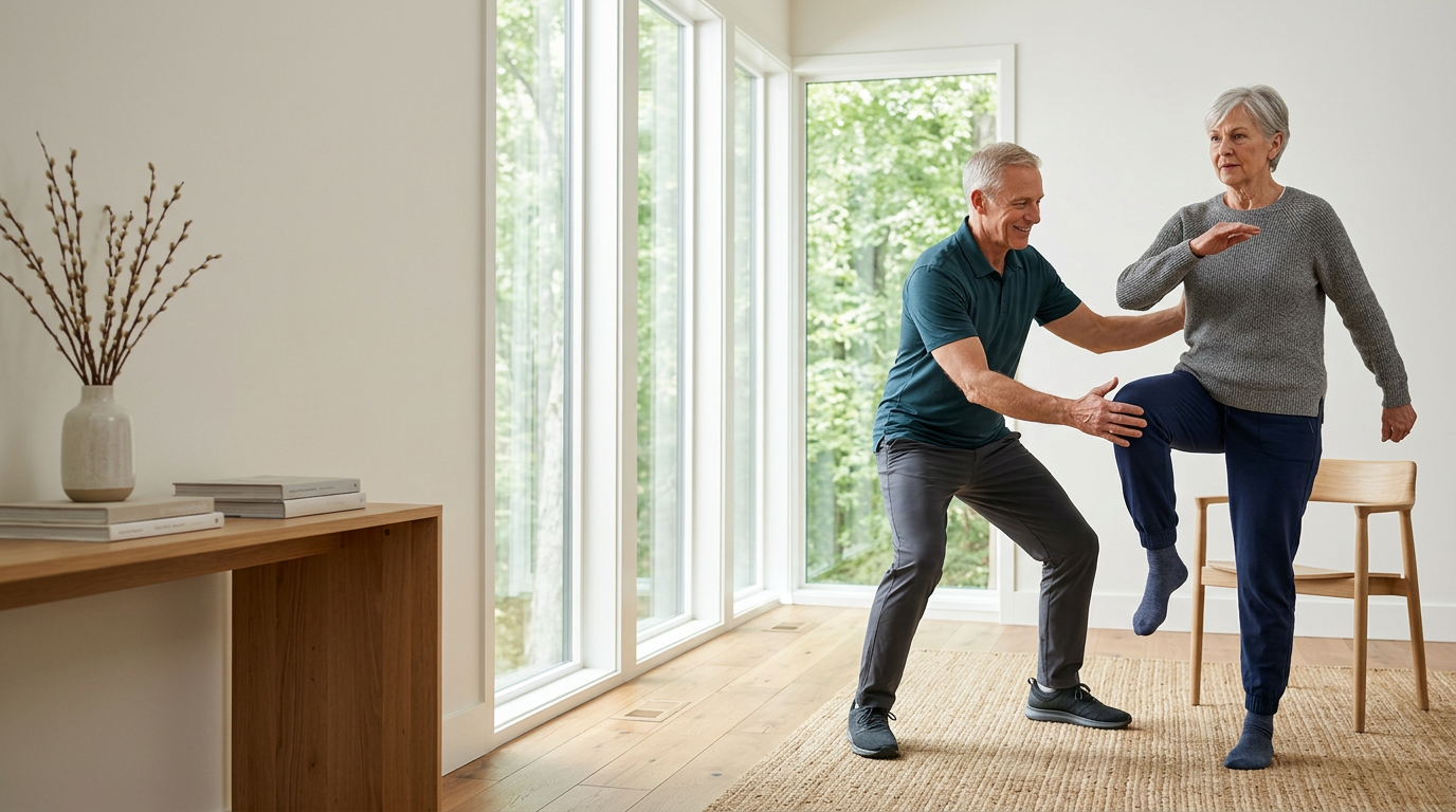 Certified mobile senior fitness trainer helping a client with balance and mobility exercises at home in murrieta.
