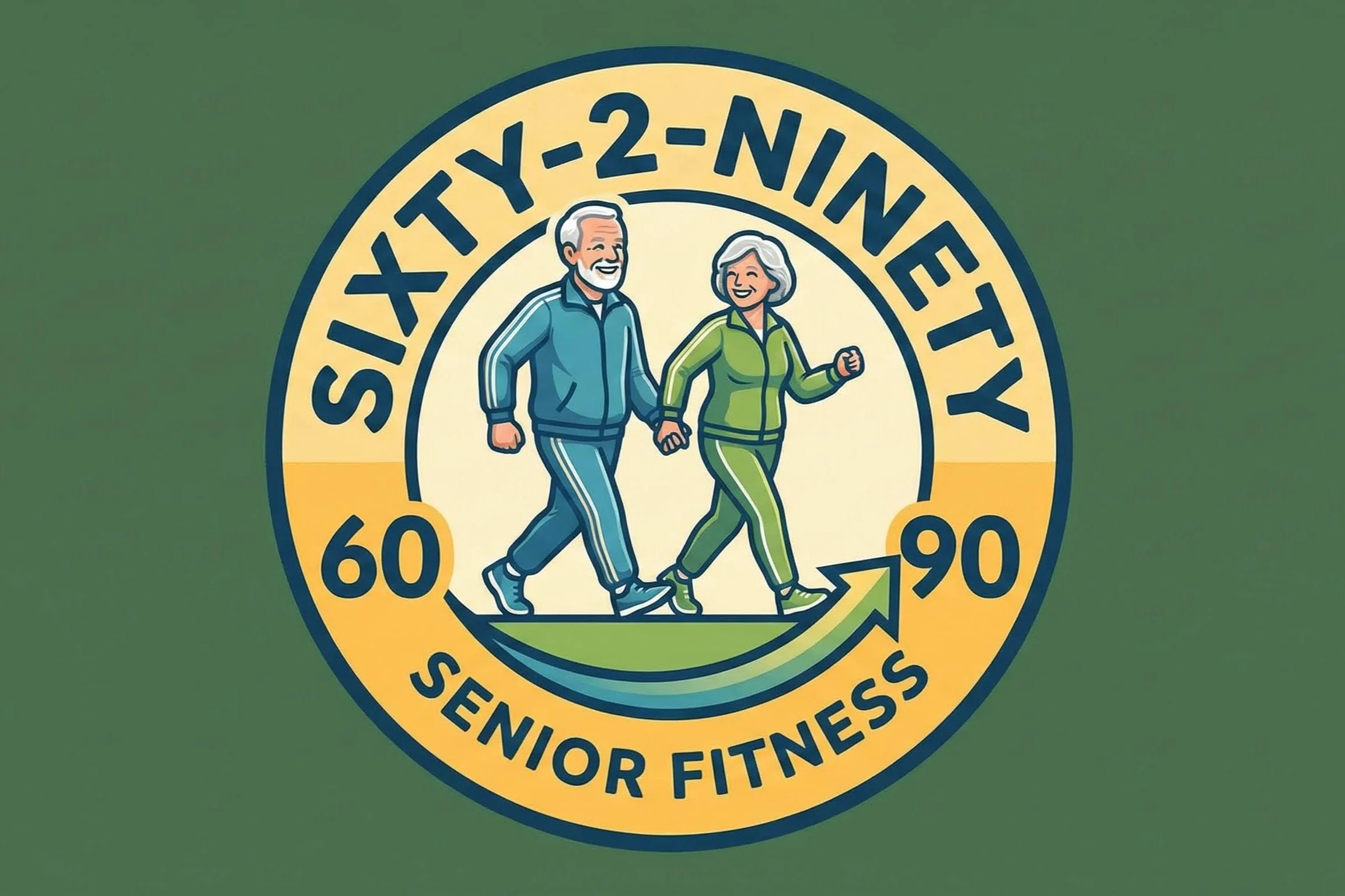 Senior couple in fitness attire walking hand in hand on a circular logo with the text 'Sixty-2-Ninety Senior Fitness' and numbers '60' and '90' around the circle, on a green background.